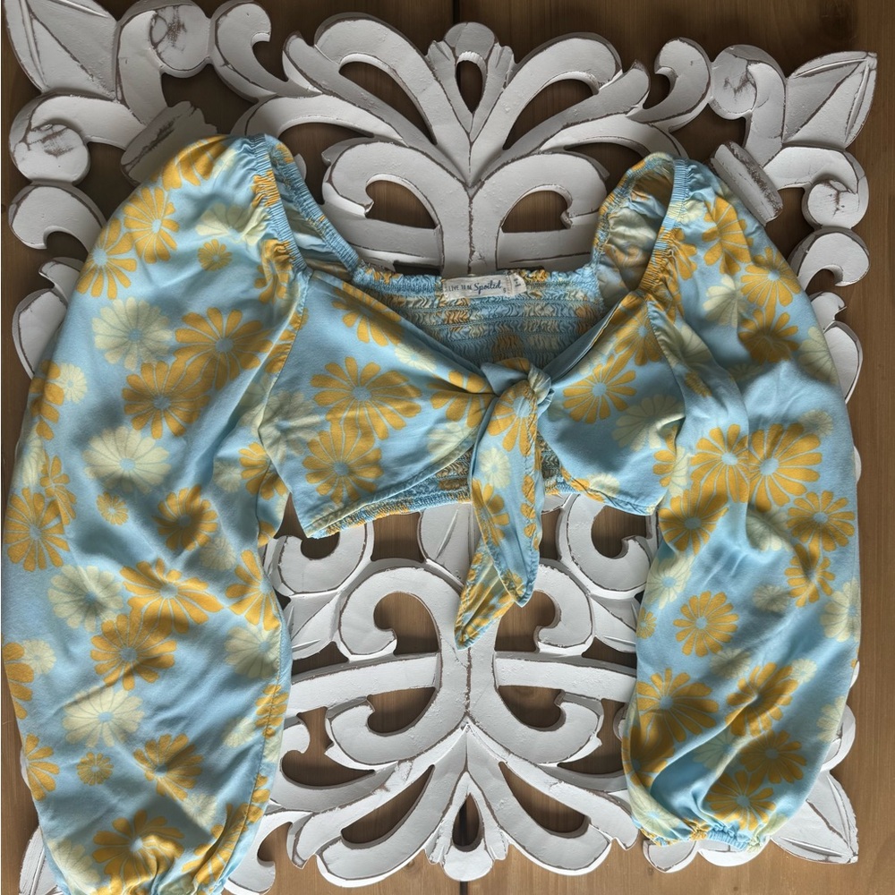 Live to Be Spoiled Blue and Yellow festival BoHo crop top size small